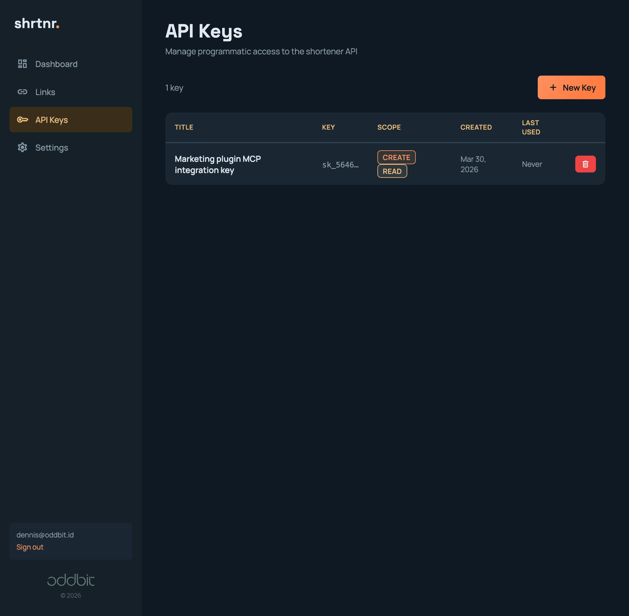 shrtnr API key management