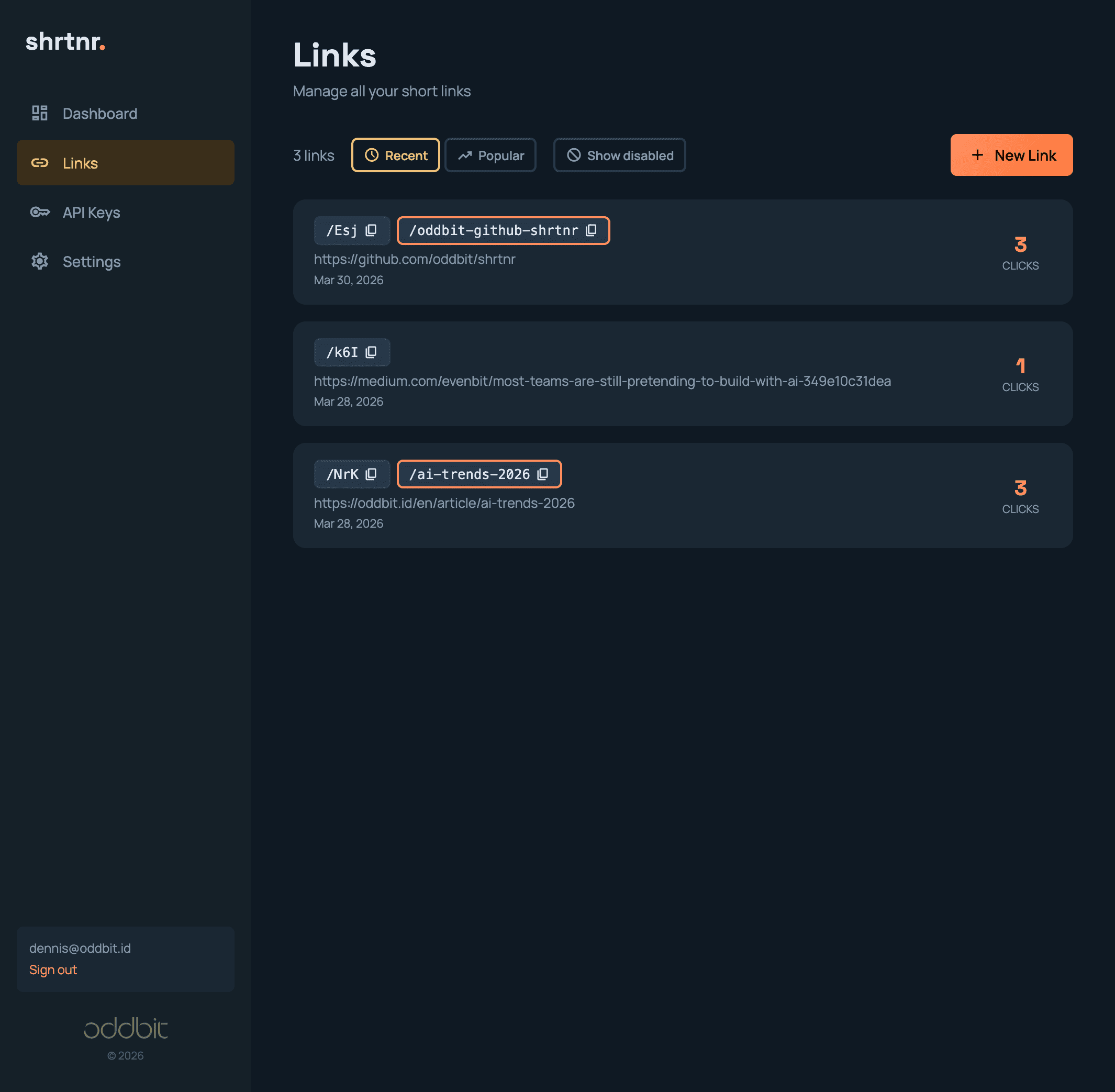 shrtnr link management dashboard